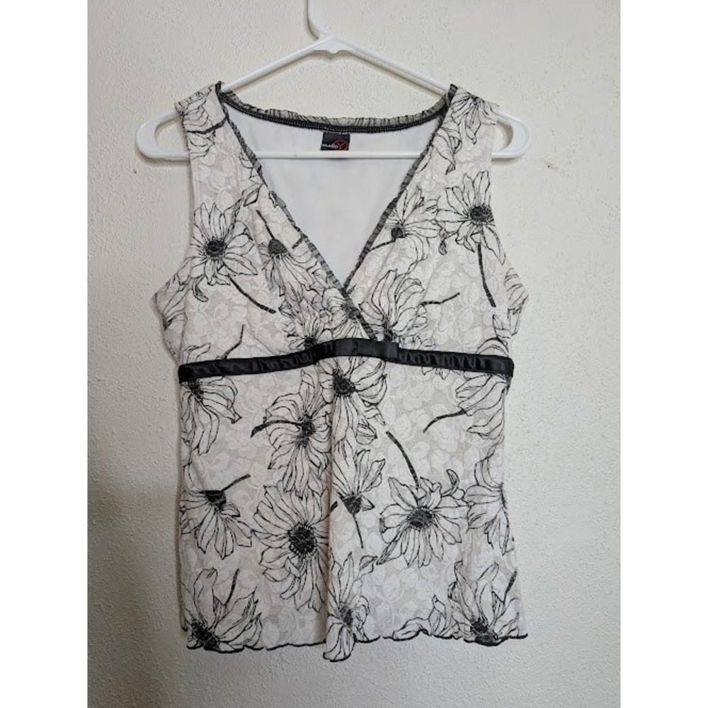 2000s Y2k Studio Y Floral Black Babydoll Ruffle Cami Top Womens Size Large